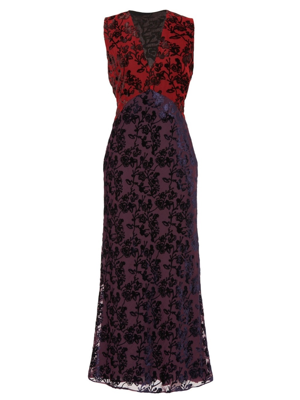 Sleeveless V-Neck Burgundy and Black Floral Evening Gown - Picture 4 of 10